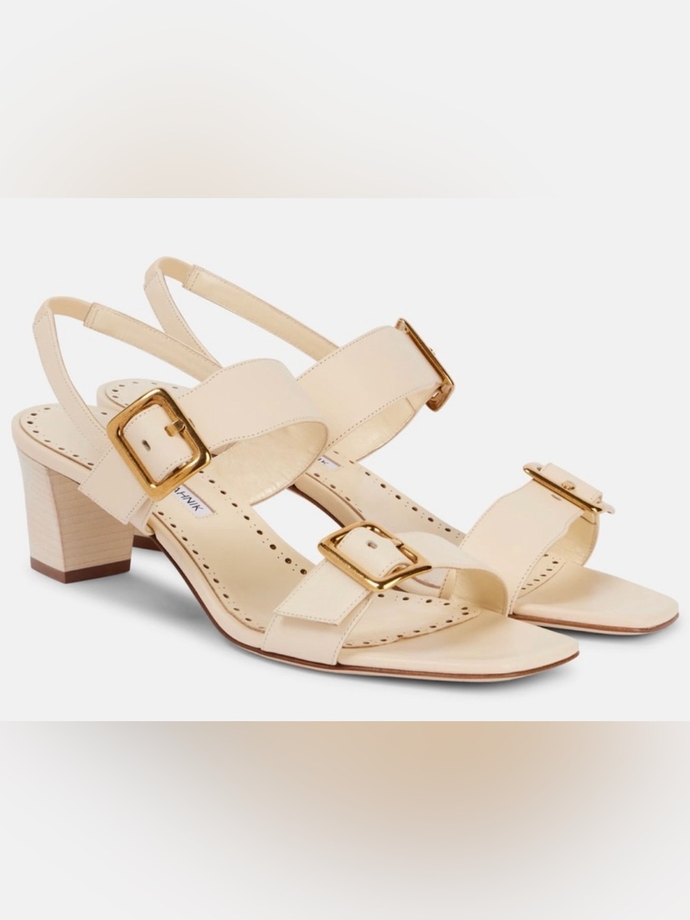 Manolo Blahnik Thalitsli 50 Cream Leather Slingback Sandals with Gold Buckles